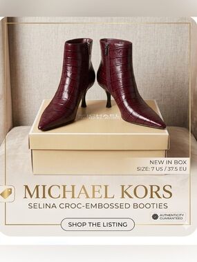 Michael Kors Selina Oxblood Croc Embossed Ankle Boots Size 7 NIBox